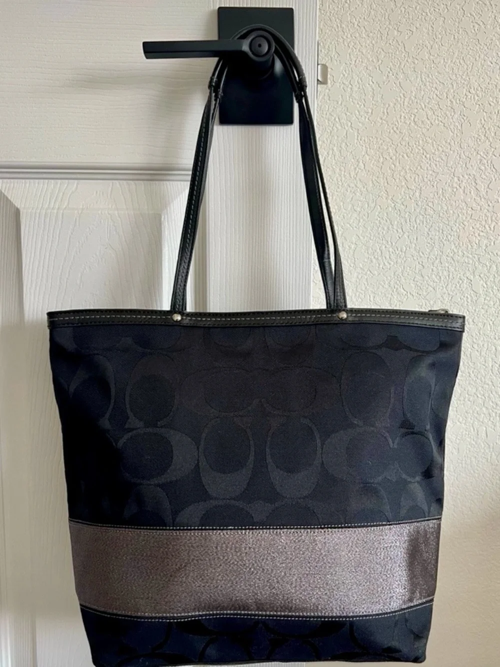 Coach Black Signature Tote with Metallic Band